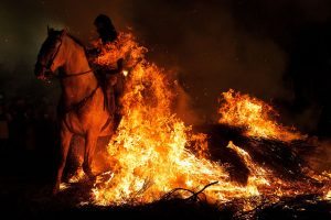 SAN BARTOLOME DE PINARES, SPAIN - JANUARY 16: A man rides a horse through a bonfire during 'Las Luminarias' Festival on January 16, 2017 in San Bartolome de Pinares, Spain. In honor of Saint Anthony the Abbot, the patron saint of animals, horses are ridden through the bonfires on the night before the official day of honoring animals in Spain. The tradition, which is hundreds of years old, is meant to purify and protect the animal in the coming year. (Photo by Pablo Blazquez Dominguez/Getty Images)
