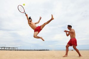 MELBOURNE, AUSTRALIA - JANUARY 17: Beach goers enjoy the atmosphere with a hit of tennis at South Melbourne Beach on January 17, 2017 in Melbourne, Australia. Temperatures reached above 30 degrees celsius across Melbourne, where the Australian Open Grand Slam tournament is currently being. (Photo by Michael Dodge/Getty Images)