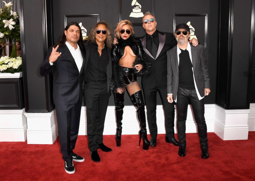 LOS ANGELES, CA - FEBRUARY 12: Singer Lady Gaga (C) with (L-R) musicians Robert Trujillo, Kirk Hammett, James Hetfield, and Lars Ulrich of Metallica attend The 59th GRAMMY Awards at STAPLES Center on February 12, 2017 in Los Angeles, California. (Photo by Frazer Harrison/Getty Images)