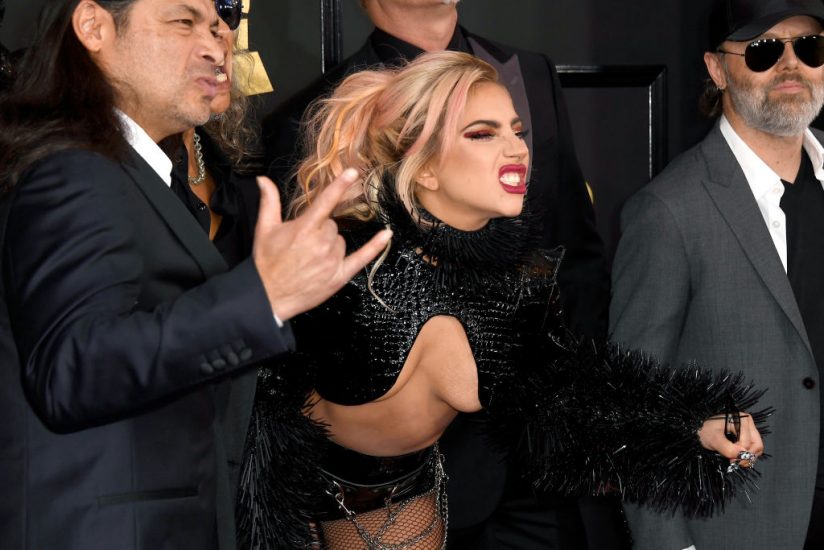 LOS ANGELES, CA - FEBRUARY 12: Singer Lady Gaga (C) with (L-R) musicians Robert Trujillo and Lars Ulrich of Metallica attend The 59th GRAMMY Awards at STAPLES Center on February 12, 2017 in Los Angeles, California. (Photo by Frazer Harrison/Getty Images)