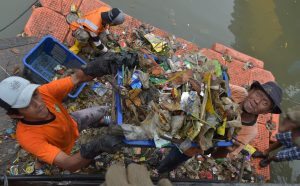 Workers remove garbage from the Ciliwung river in Jakarta on November 29, 2016. The Jakarta city administration has hired contract workers for the past two years to clean up the city's rivers and canals, lakes and coastal areas. / AFP PHOTO / Adek BERRY