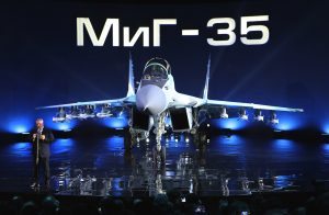 Russian Deputy Prime Minister in charge of defence and space industry Dmitry Rogozin speaks during the presentation of a Russian multipurpose jet fighter MiG-35 at the MiG plant in Lukhovitsy on January 27, 2017. The MiG-35 jet fighter is a further development of the MiG-29. / AFP PHOTO / Marina LYSTSEVA