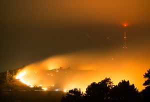 This handout picture taken and provided by Oliver Watson of http://ownzproductions.wixsite.com/home shows flames from the wildfire on Worsleys Road in Christchurch before sunrise on February 16, 2017. A wildfire destroyed at least 11 homes and forced hundreds of terrified residents to evacuate in the New Zealand city of Christchurch, authorities said on February 16. / AFP PHOTO / http://ownzproductions.wixsite.com/home / Oliver WATSON / -----EDITORS NOTE --- RESTRICTED TO EDITORIAL USE - MANDATORY CREDIT "AFP PHOTO / http://ownzproductions.wixsite.com/home / OLIVER WATSON" - NO MARKETING - NO ADVERTISING CAMPAIGNS - DISTRIBUTED AS A SERVICE TO CLIENTS - NO ARCHIVES