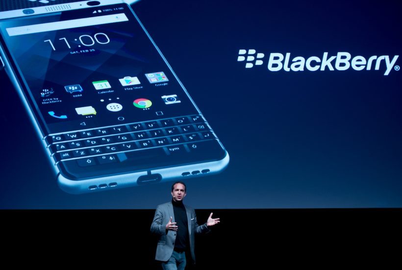 TCL Communcation's CEO Nicolas Zibell presents the new BlackBerry Key One at the Mobile World Congress centre in Barcelona on February 25, 2017, before the start of the world's biggest mobile fair, held from February 22 to February 25. / AFP PHOTO / JOSEP LAGO