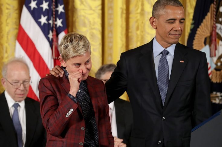 WASHINGTON, DC - NOVEMBER 22: Comedian and talk show host Ellen DeGeneres wipes away tears as her citation is read before being awarded the Presidential Medal of Freedom by U.S. President Barack Obama during a ceremony in the East Room of the White House November 22, 2016 in Washington, DC. Obama presented the medal to 19 living and two posthumous pioneers in science, sports, public service, human rights, politics and the arts. (Photo by Chip Somodevilla/Getty Images)