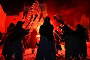 WALDKIRCHEN, GERMANY - JANUARY 05: Locals dressed as "Perchten", a traditional demonic creature in German and Austrian Alpine folklore, parade through the town center during the annual "Rauhnacht" gathering on January 5, 2017 in Waldkirchen, Germany. The "Rauhnaechte" nights are the time in between Christmas and Epiphany when winter is at its darkest and its evil spirits most prevalent. January 5, the last night before Epiphany, marks the end of the period, and in a tradition dating back to 1725 locals in Waldkirchen dressed as Perchten, witches, devils and other demonic beings parade through the streets in a final show of force before they retreat to let winter ebb. (Photo by Johannes Simon/Getty Images)