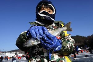 HWACHEON-GUN, SOUTH KOREA - JANUARY 14: A child holds a fish after catching during the Hwacheon Sancheoneo or Mountain Trout Ice Festival on January 14, 2017 in Hwacheon-gun, South Korea. The annual event attracts thousands of visitors and features a mountain trout ice fishing competition in which the participants compete with traditional lures or bare hands. (Photo by Chung Sung-Jun/Getty Images)