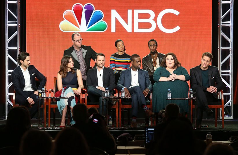 PASADENA, CA - JANUARY 18: (L-R, Back Row) Actors Chris Sullivan, Susan Kelechi Watson, Ron Cephas Jones, (l-r, front row) actors Milo Ventimiglia and Mandy Moore, creator/executive producer Dan Fogelman, actors Sterling K. Brown, Chrissy Metz and Justin Hartley of the television show 'This Is Us' speak onstage during the NBCUniversal portion of the 2017 Winter Television Critics Association Press Tour at the Langham Hotel on January 18, 2017 in Pasadena, California. (Photo by Frederick M. Brown/Getty Images)