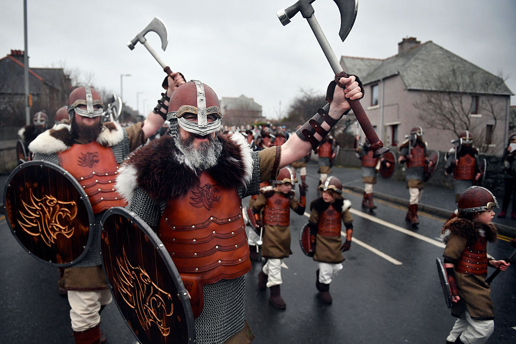 LERWICK, SCOTLAND - JANUARY 31: Members of the Jarl Squad march through the streets of Lerwick on January 31, 2017 in the Shetland Islands, Scotland. The traditional festival of fire is known as 'Up Helly Aa'. The spectacular event takes place annually on the last Tuesday of January. The climax of the day comes with participants in full costume hauling a Viking longboat through the streets of Lerwick to the edge of town where up to 1000 people parade and throw their flaming torches into the galley.Ê Photo by Jeff J Mitchell/Getty Images) (Photo by Jeff J Mitchell/Getty Images)