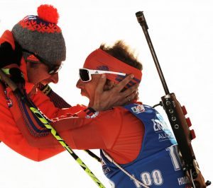 HOCHFILZEN, AUSTRIA - FEBRUARY 16: Lowell Bailey of the USA celebrates with his coach Bernd Eisenbichler after winning the Gold medal in the Men's 20km Individual competition of the IBU World Championships Biathlon 2017 at the Biathlon Stadium Hochfilzen onon February 16, 2017 in Hochfilzen, Austria. (Photo by Adam Pretty/Bongarts/Getty Images)