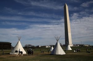WASHINGTON, DC - MARCH 08: Tepees set up by Dakota Access Pipeline protesters stand next to the Washington Monument on March 8, 2017 in Washington, DC. Indigenous rights activists have started to set up a tepee camp next to the Washington Monument ahead of a protest against the Dakota Access pipeline. Thousands are expected to protest this Friday at the Army Corps of Engineers headquarters and outside of the White House. (Photo by Justin Sullivan/Getty Images)