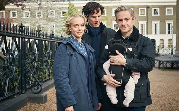 Sherlock, Season 4 premieres January 1, 2017 on MASTERPIECE on PBS. Picture shows: Mary Watson (AMANDA ABBINGTON), Sherlock Holmes (BENEDICT CUMBERBATCH) and John Watson (MARTIN FREEMAN)