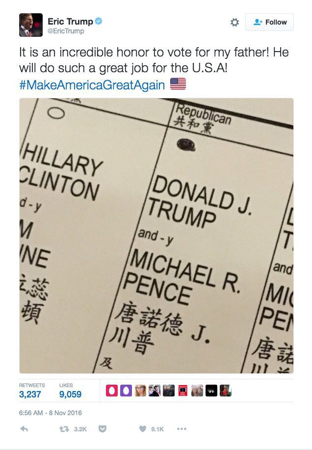 Ezzel a fotóval csinált rosszat Eric Trump: New York állambna tilos megosztani a szavazólapról készült képet. Kép: Mashable