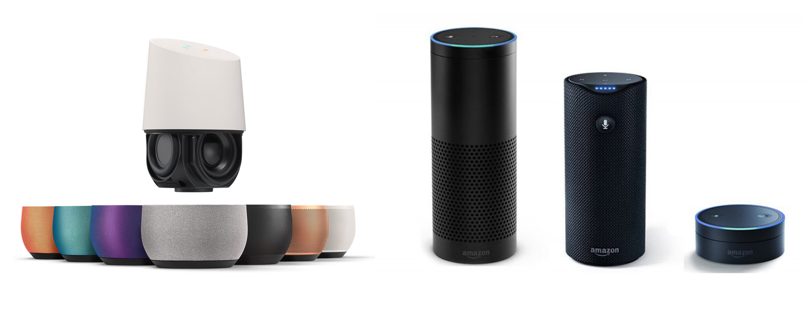 A Google Home (balra) és az Amazon Echo különböző változatai. Kép: Google/Amazon