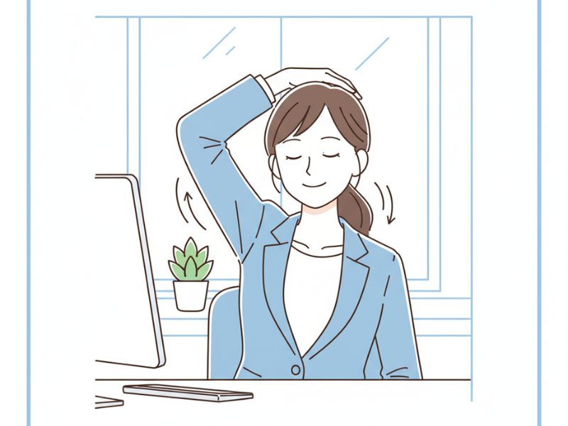 Egyszerű irodai nyújtás a munkahelyen – kis kosztümben, mosolyogva, fájdalom nélkül