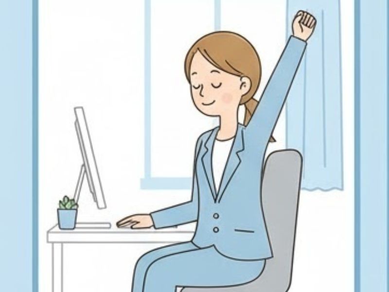 Egyszerű irodai nyújtás a munkahelyen – kis kosztümben, mosolyogva, fájdalom nélkül