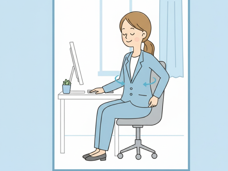 Egyszerű irodai nyújtás a munkahelyen – kis kosztümben, mosolyogva, fájdalom nélkül