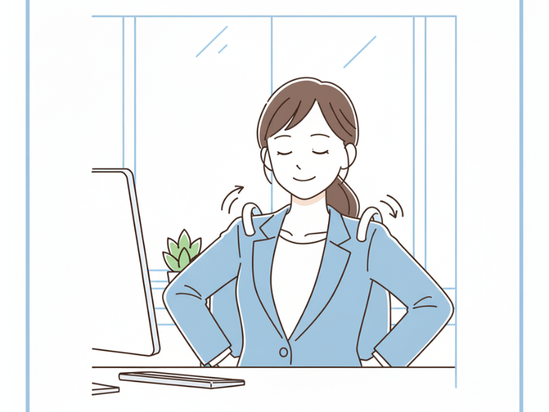 Egyszerű irodai nyújtás a munkahelyen – kis kosztümben, mosolyogva, fájdalom nélkül